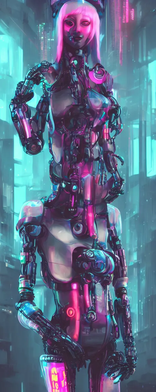 Prompt: a cyberpunk robot geisha sorceress, warcore, sharp focus, detailed, artstation, concept art, 3 d + digital art, wlop style, biopunk, neon colors, futuristic, neon noire, moody