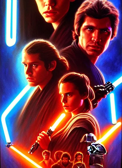 Prompt: epic cinematic poster artwork for featuring portraits for lost star wars film 1 9 9 0 moody painting by drew struzan, beautiful backlit, colorful, epic award winning, artstation, extremely detailed, flare, photorealistic, 4 k