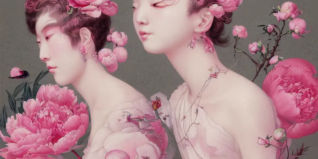 Prompt: breathtaking detailed concept art painting blend of pink short hair goddesses of peonies by hsiao - ron cheng with anxious piercing eyes, vintage illustration pattern with bizarre compositions blend of flowers and fruits and birds by beto val and john james audubon, exquisite detail, extremely moody lighting, 8 k