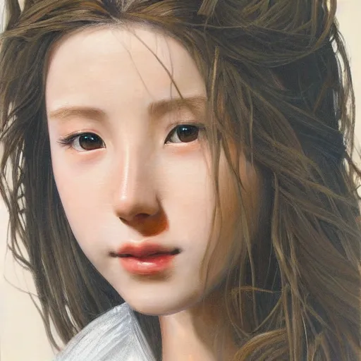 Prompt: photorealistic painting of Aerith Gainsborough captures every detail of the artist’s female subjects, such as their soft skin, flowing hair, and textured clothing. Yasumoto Oka