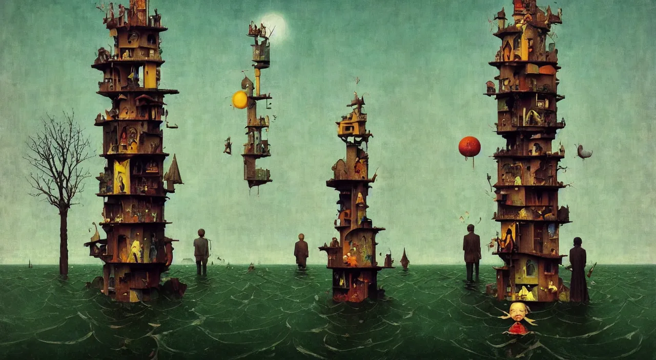 Image similar to single flooded simple!! doll tower totem!! pole, very coherent and colorful high contrast masterpiece by norman rockwell franz sedlacek hieronymus bosch dean ellis simon stalenhag rene magritte gediminas pranckevicius, dark shadows, sunny day, hard lighting