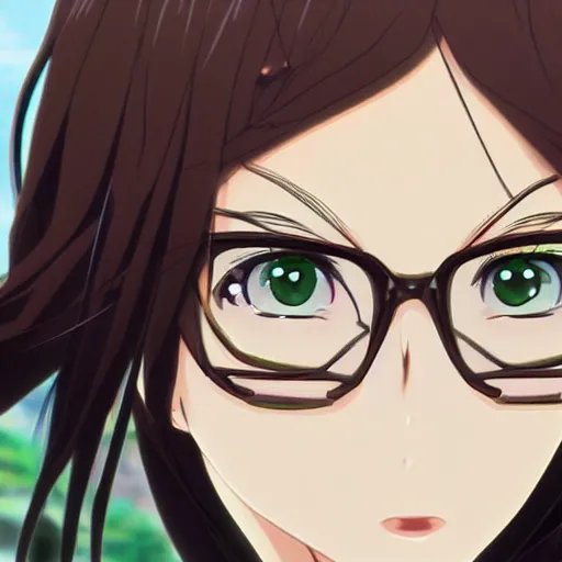 Prompt: key anime visual of a beautiful girl with brown hair and green eyes, wearing glasses, trending on Artstation; detailed