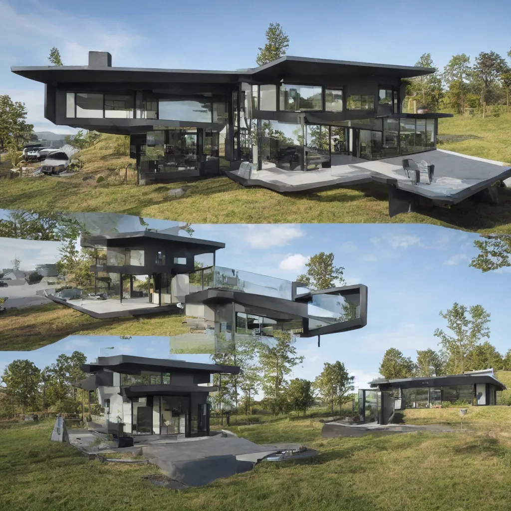 Image similar to hybrid modern home mixed with a drone, a drone home, hovering over a field