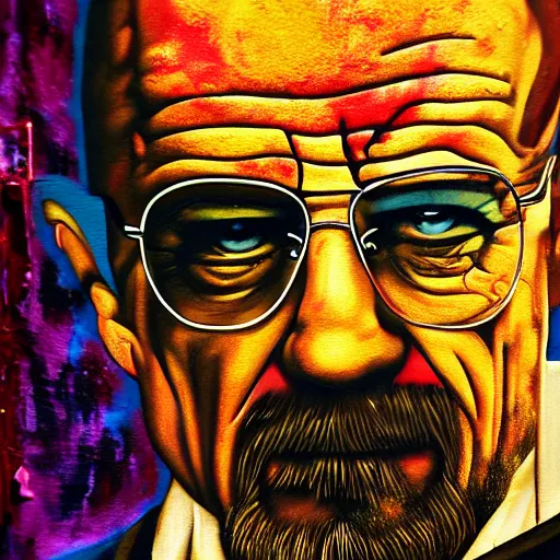 Image similar to graffiti painting of walter white, ultra high detail, 8 k.