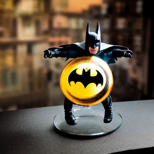 Prompt: high resolution photo of batman as an action figure on a glass table.