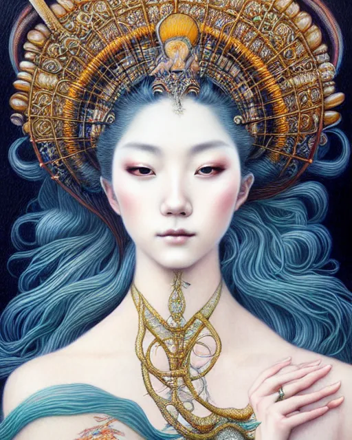 Prompt: portrait of a beautiful sea goddess, pretty, graceful, esoteric, muted colors, head in focus, fantasy art, ornamental aesthetics, intricate, elegant, highly detailed, hyperrealistic painting, artstation, concept art, painterly, sharp focus, illustration, art by chie yoshii