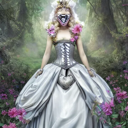 Image similar to A masterpiece ultrarealistic ultradetailed portrait of a Incredibly beautiful angel armored princess knight IN INCREDIBLE FEARFUL sharp poisoned GAS MASK WITH FLOWERS and swarovski crystals. baroque renaissance. in the forest. White amazing corset. medium shot, intricate, elegant, highly detailed. trending on artstation, digital art, by Stanley Artgerm Lau, WLOP, Rossdraws, James Jean, Andrei Riabovitchev, Marc Simonetti, Yoshitaka Amano. background by James Jean and Gustav Klimt, light by Julie Bell, 4k, porcelain skin. BY ZDIZISLAW BEKSINSKI Cinematic concept art