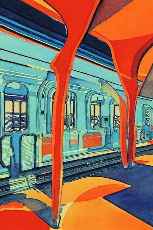 Prompt: a 70s impressionist watercolor of a retro 70s sci-fi psychedelic underground train station by Syd Mead and by Gail Brodholt, by Wes Anderson, spiraling design