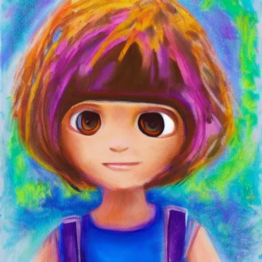 Image similar to a cross between ramona flowers and dora the explorer as a highly detailed oil paiting