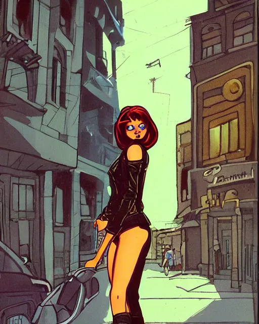 Image similar to young female protagonist in leather jacket, city street, artwork by ralph bakshi