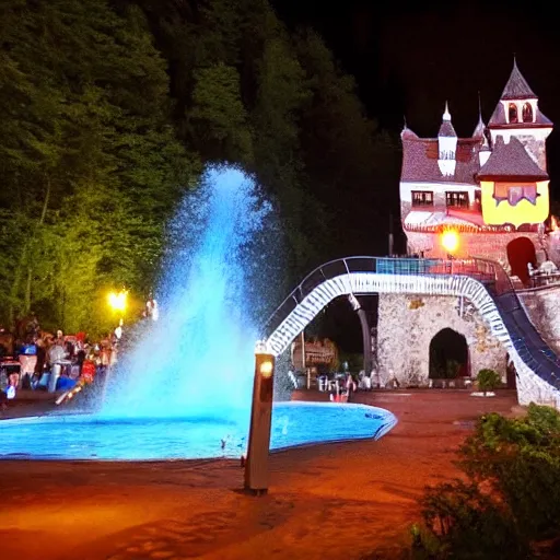 Image similar to dracula castle transylvania waterpark, night, lightning