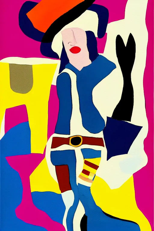 Image similar to a painting of a cowgirl wearing western clothing and cowboy boots, in the style of eileen agar, digital art