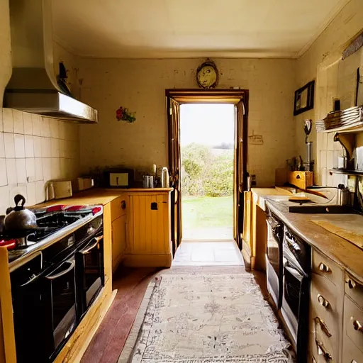 Prompt: photo of a kitchen in a victorian country house with maids cooking dinner, very very very low point of view, golden hour