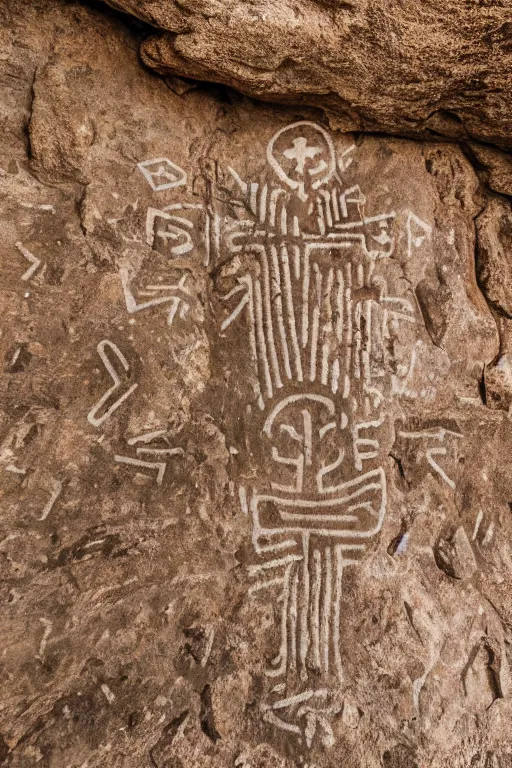 Image similar to 4 k photography of petroglyphs representing crosses, ufo, wifi symbol on a cave