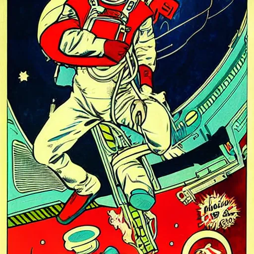 Image similar to a man with red hair, floating in space. he is an astronaut, wearing a space suit. he is fixing his space rocket. well composed, clean elegant painting, beautiful detailed face. retro comic book art by steve ditko and jack kirby and ( alphonse mucha )