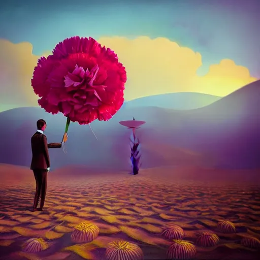 Image similar to giant carnation flower head girl, suit, desert, surreal photography, sunrise, dramatic light, impressionist painting, digital painting, artstation, simon stalenhag