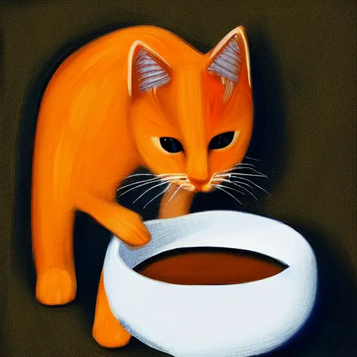 Prompt: orange cat, drinking milk in a bowl,digital art