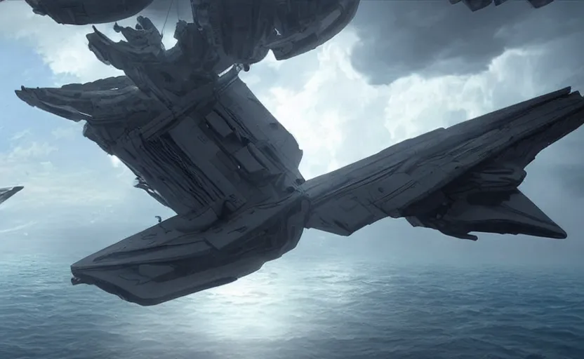 Prompt: an alien ship flies high above a stormy ocean, sci-fi concept art, unreal engine 3d