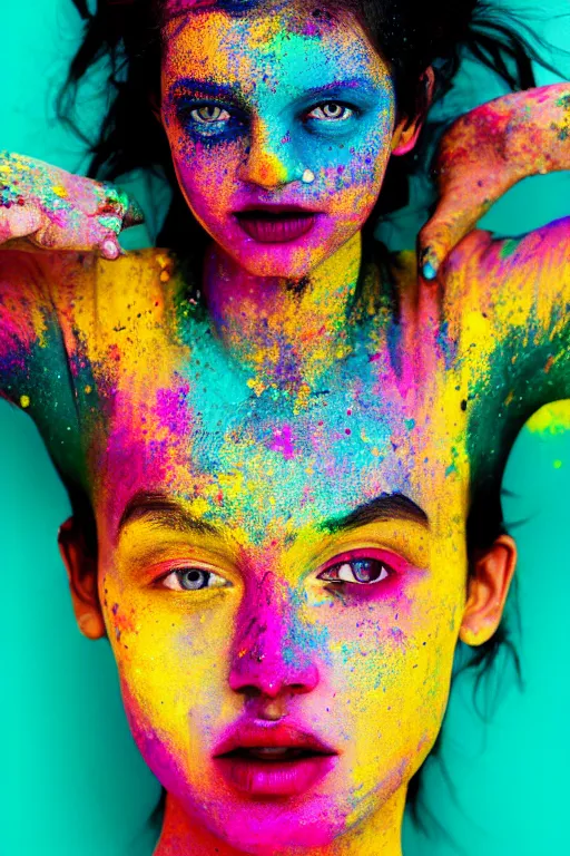 Image similar to A full body portrait of a girl covered in holi powder featured in Vogue and GQ editorial fashion photography, beautiful eye, symmetry face, haute couture dressed by Givenchy and Salvatore Ferragamo