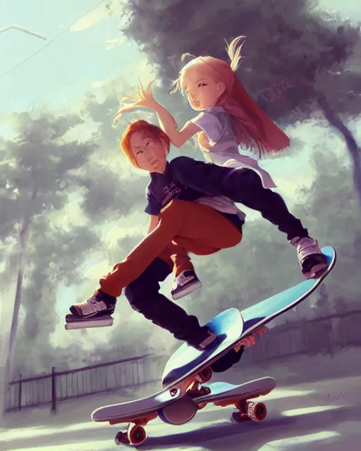 Prompt: young girl playing skateboarder by Stanley Artgerm Lau, kantoku, Rossdraws, James Jean, Andrei Riabovitchev, Marc Simonetti, and kyoani, krenz cushart, pixiv