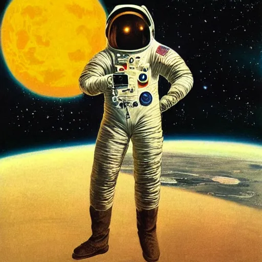 Image similar to A portrait of a wolf in an astronaut suit, by Bruce Pennington and Vincent DiFate, wolf astronaut