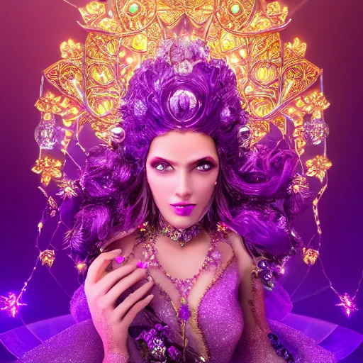 Image similar to portrait princess of amethyst, glowing, ornate and intricate purple jewelry, jaw dropping beauty, glowing background lighting, purple accent lighting, hyper detailed, fairy tale, 4 k octane render