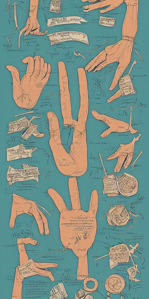 Image similar to anatomy of a hands, diagrams, map, marginalia, sketchbook, old script, inhabited initials, pastel infographic by Wes Anderson and victo ngai