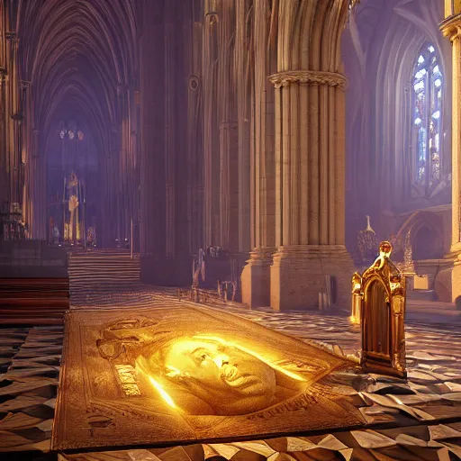 Image similar to a huge pile of money and coins in a huge cathedral with golden ray traced light by WLOP and tony sart, god rays, fantasy art, 4k, HDR, photorealistic, 8k, trending on artstation