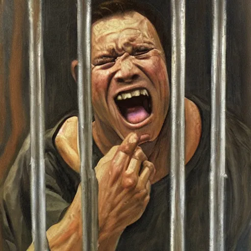 Image similar to a screaming prisoner holding prison bars, realism old oil painting