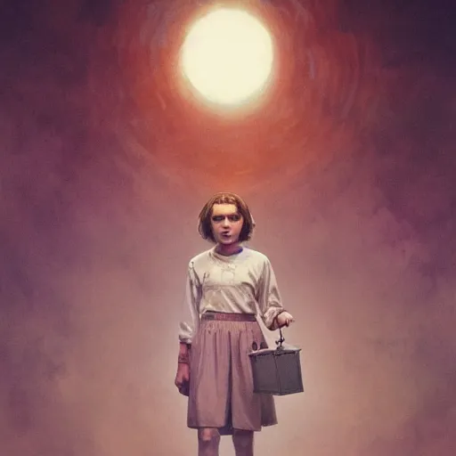 Image similar to Eleven from Stranger Things facing the camera with her hand outstretched with things floating all around her, fullbody, intricate, highly detailed, artstation, concept art, smooth, sharp focus, illustration, art by greg rutkowski and orientalism and bouguereau and Zdzislaw Beksinski, good clear quality, lighting, biology, symmetrical artwork, perfect face, 135 mm, cinematic, hyper realism, high detail, octane render, 8k, chrome accents