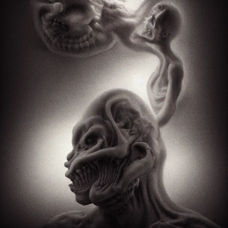 Image similar to surreal portrait of ribbed demon by m c escher, soft grainy bloom lucid dream - like atmosphere, harsh flash photo at night, baroque painting, perfect composition, detailed octane render trending on artstation, 8 k artistic photography, volumetric cinematic perfect light, chiaroscuro, masterpiece, raphael, caravaggio, beksinski, rutkowski, beeple