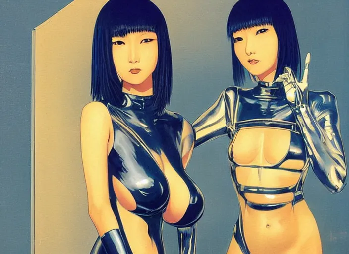 Image similar to cyberpunk japanese women with black eyes and pretty face wearing latex catsuit and lots of transparent and cellophane accessories, blue hour, crisp, painting by moebius and mayumi hosokura