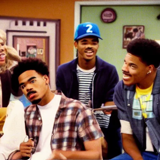 Image similar to a tv still of Chance The Rapper starring as a black college student at Jones College Prep in a 1993 sitcom
