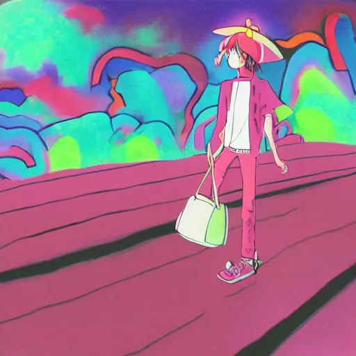 Prompt: a pink skinny anime boy wearing a small satchel and a pink witches hat walking through a psychedelic landscape