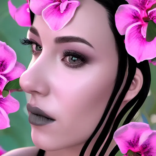 Image similar to “hyperrealistic ultra detailed unreal engine 5 RTX raytracing nvidia hairworks render of portrait of the most beautiful girl in beautiful tropical flowers . She has amazing silver jevelery. Nose piercing. Black shiny Latex designer dress . Ultra realistic face. Grymes inspires. Wonderful landscape on the background. Photo. Photorealistic ”