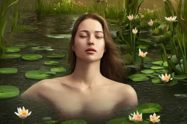 Prompt: hyperrealistic cinematic 3 d portrait of a woman's head and shoulders floating below the surface of a pond, surrounded by a forrest of lillies, deep focus, intricate, elegant, highly detailed, matte, sharp focus, by bill henson and gregory crewdson and james jean, trending on artstation