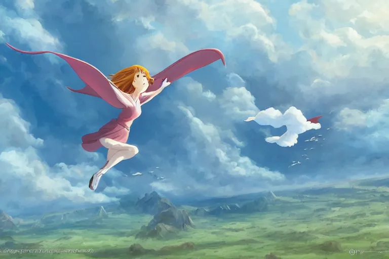 Prompt: A cell animation of girl flying with a bird-shaped white glider over the clowds, Nausicaa of the Valley of the Wind, Miyazaki Hayao, ghibli style, highly detailed, digital painting, concept art, sharp focus, illustration, anime, trending on artstaion