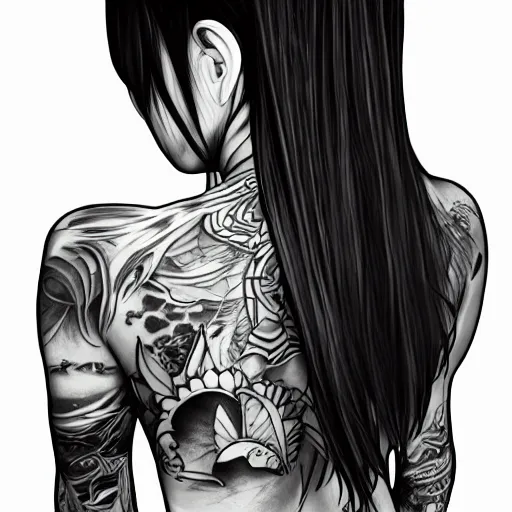 Image similar to muscular girl, long hair, tattooed back, HD, anime style,