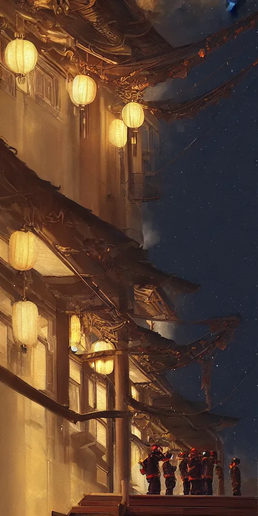 Prompt: on mid - autumn festival, chinese firefighters admire the moon together, fine details. night setting. realistic shaded lighting poster by craig mullism, artgerm, jeremy lipkin and michael garmash, unreal engine, radiant light, detailed and intricate environment, digital art,