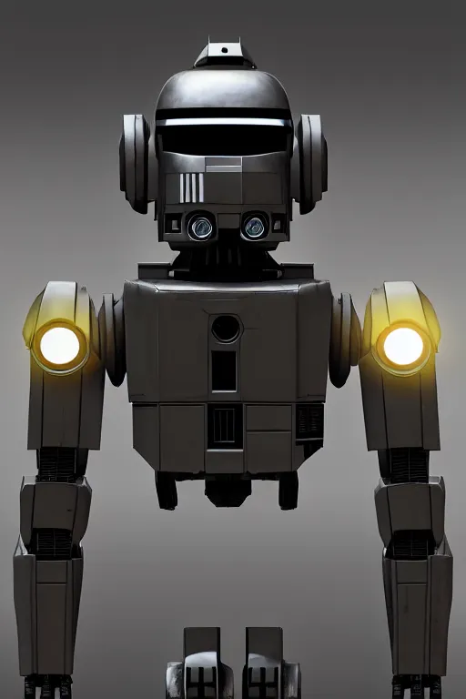 Image similar to “ enforcement droid, series 2 0 9, or ed - 2 0 9 in war thunder game. front on, symmetrical. industrial design. good design award, innovative product concepts, most respected design, amazing depth, glowing, 3 d octane cycle unreal engine 5, volumetric lighting, cinematic lighting, cgstation artstation concept art ”