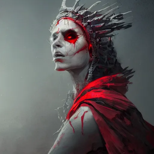 Prompt: a beautiful portrait of an ancient elderly necromancer queen, embers, skeletal, red-fabric, red-eyes, grey-skin, by Greg Rutkowski and Raymond Swanland, Trending on Artstation, ultra realistic digital art