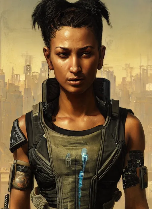 Image similar to maria igwe. cyberpunk mercenary with tattoos wearing a military vest and combat jumpsuit. (Cyberpunk 2077, bladerunner 2049). Iranian orientalist portrait by john william waterhouse and Edwin Longsden Long and Theodore Ralli and Nasreddine Dinet, oil on canvas. Cinematic, hyper realism, realistic proportions, dramatic lighting, high detail 4k