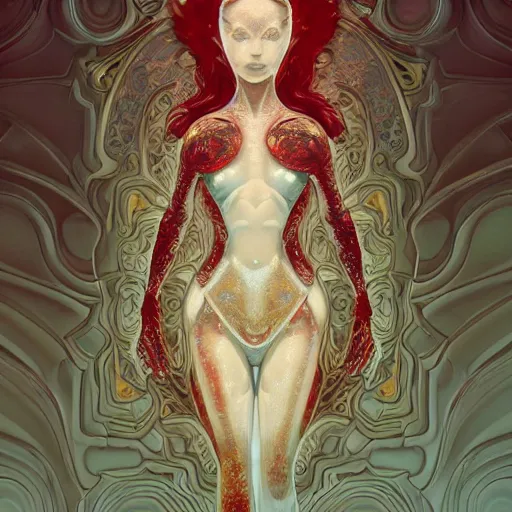 Image similar to abstract highly detailed female drawing made of white marble and red crystals quartz and minerals, ethereal lights, fine details, artstation, digital paint, fantasy, artstation, design, illustration, 8 k, intricate golden filigree, octane render, hypperrealistic painting, abstract liquid, concept art, painting by james gilleard and minna sundberg