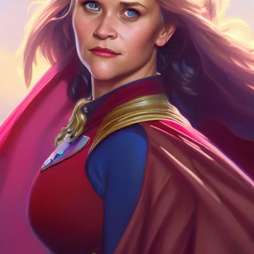 Prompt: Reese Witherspoon as Super Girl, western, D&D, fantasy, intricate, elegant, highly detailed, digital painting, artstation, concept art, matte, sharp focus, illustration, art by Artgerm and Greg Rutkowski and Alphonse Mucha