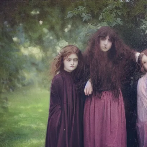 Image similar to painting of a pre - raphaelite family surrounded by clothes, 5 0 mm lens, f 1. 4, sharp focus, ethereal, emotionally evoking, head in focus, volumetric lighting, blur dreamy outdoor,