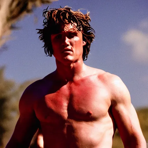 Prompt: photo of Tim Dillon as Achilles in the movie Troy cinestill, 800t, 35mm, full-HD