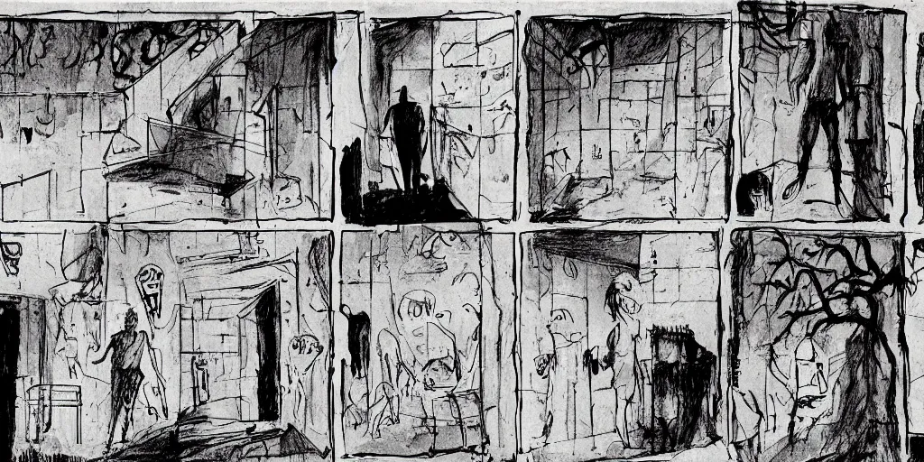 Prompt: storyboard of a horror movie