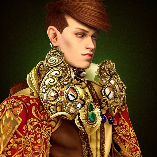 Image similar to a character model design of a handsome young man wearing excessive jewelry in an ornate and elegant way