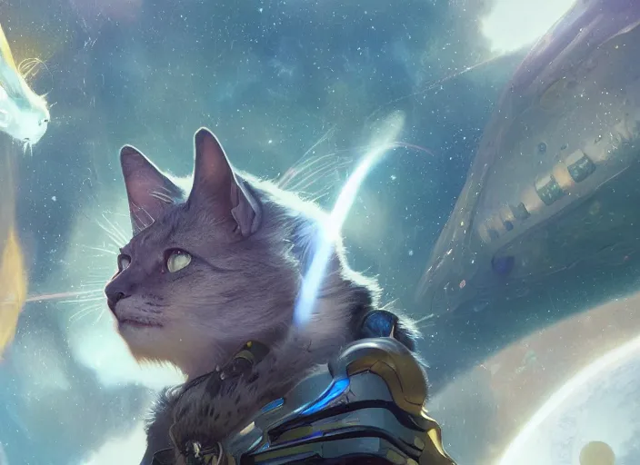 Image similar to a space cat from a musical sci - fi space opera, animated film, volumetric lighting, octane render by stanley artgerm lau, greg rutkowski, thomas kindkade, alphonse mucha, loish, norman rockwel,