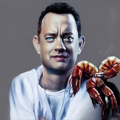 Prompt: tom hanks as forrest gump with a giant shrimp around the neck, photorealistic, cgsociety, artstation